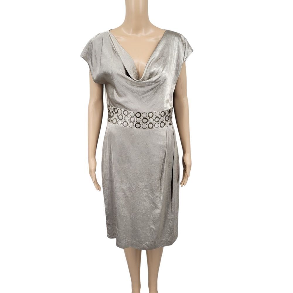 Ellen Tracy Champagne Satin Plunging Cowl Neckline Cap Sleeves Midi Sheath Dress